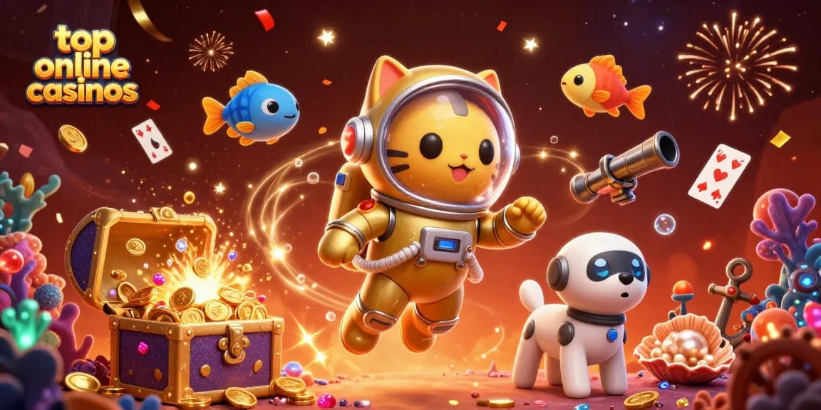Engage with top online casinos through a vibrant, colorful space-themed illustration featuring a golden cat and playful companions.