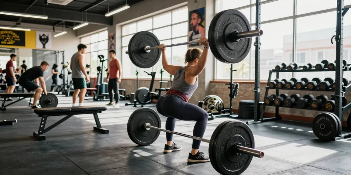 Deus Medical Athlet beim Gewichteheben im modernen Fitnessstudio, motivierende Atmosphäre