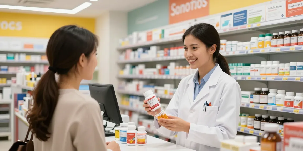 Interaktion im Unique Pharma Shop mit Kunde und Apotheker in freundlicher Umgebung