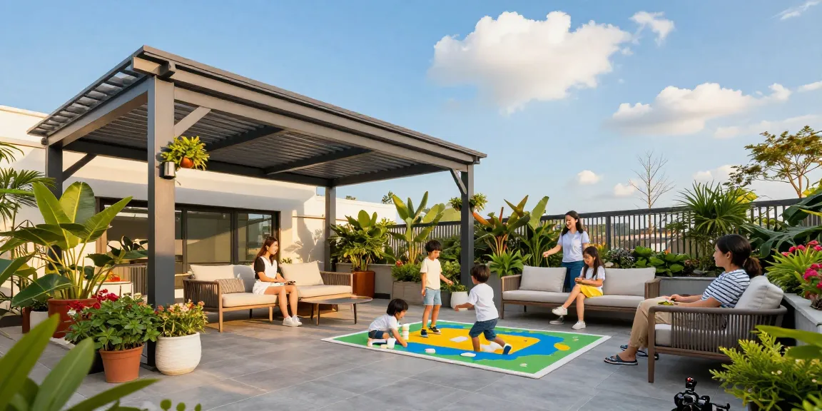 Familie unter einer freistehenden Terrassenüberdachung genießt den Sonnenschein.