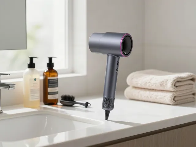 Eleganter Ionen Haartrockner in modernem Badezimmer-Setup mit Haarpflegeprodukten.