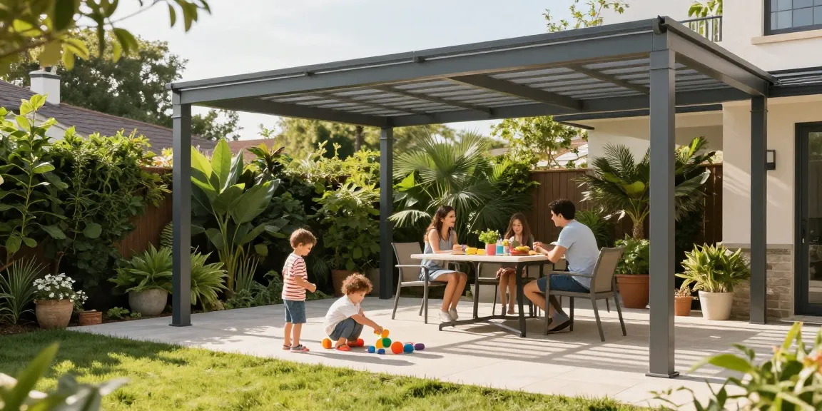 Moderne Terrassenüberdachung aus Aluminium, perfekte Gartenatmosphäre mit spielenden Kindern.
