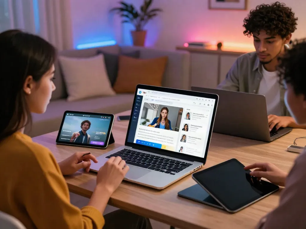 Friends exploring 18+ AI platform on laptop and tablets in a cozy room