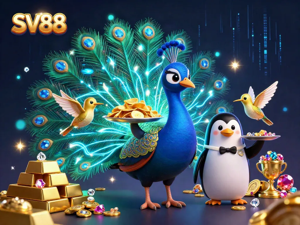 SV88 invites players to win big at the casino with a rich 3D digital scene packed with gems and golden treasures.