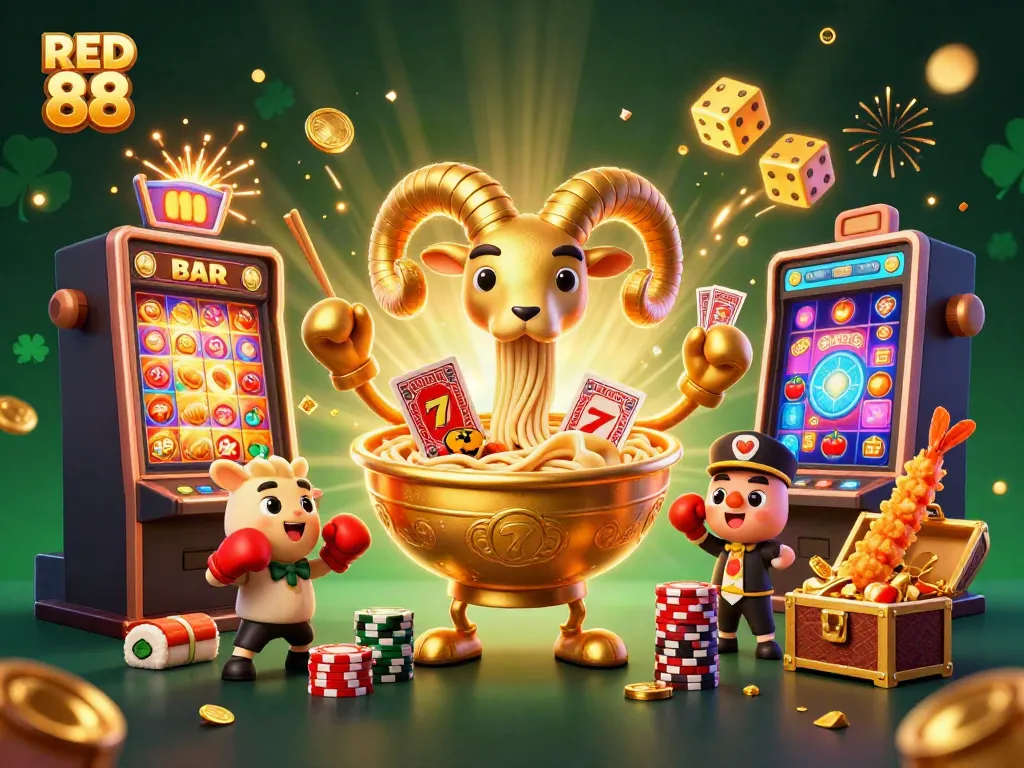 Experience the excitement of RED 88 with a lively 3D casino scene featuring vibrant characters and gaming elements.