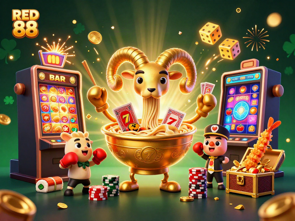 Experience the excitement of RED 88 with a lively 3D casino scene featuring vibrant characters and gaming elements.