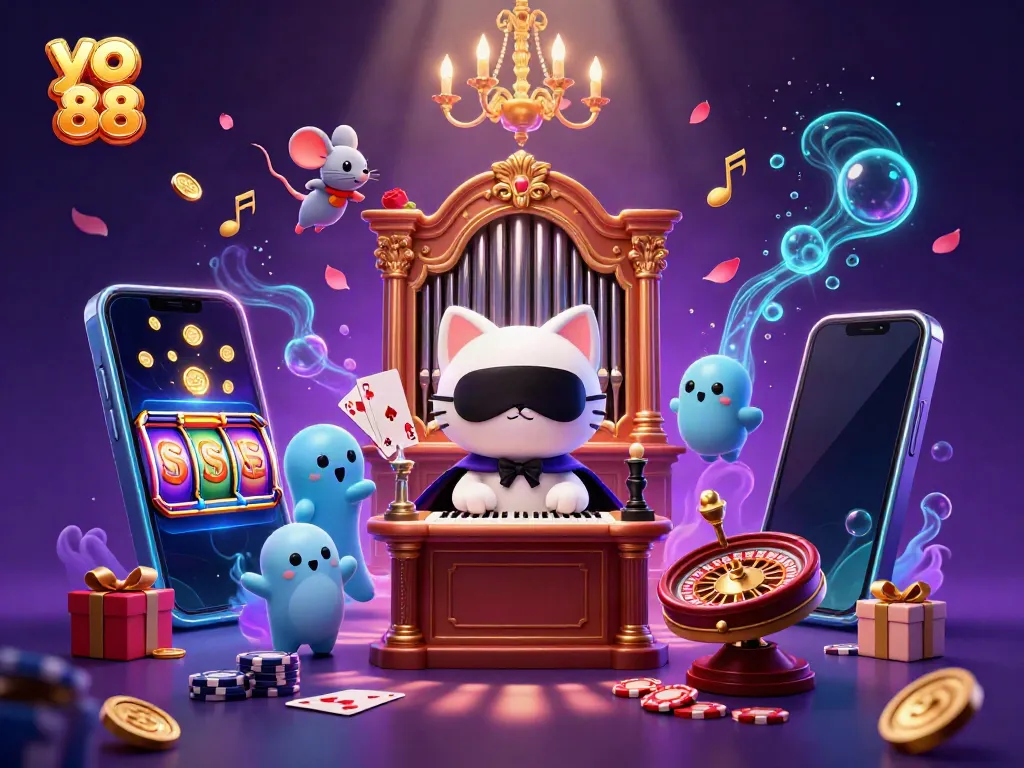 Experience excitement at yo 88 with a lively casino scene featuring a dazzling cat organist and dynamic gaming elements.