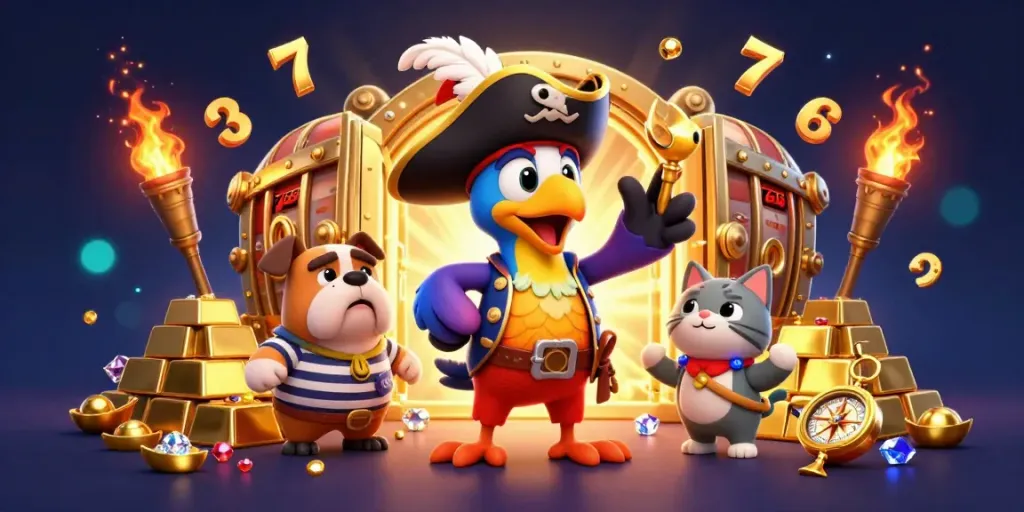 Join the excitement at F168 casino with dynamic pirate-themed characters in a treasure-filled scene.