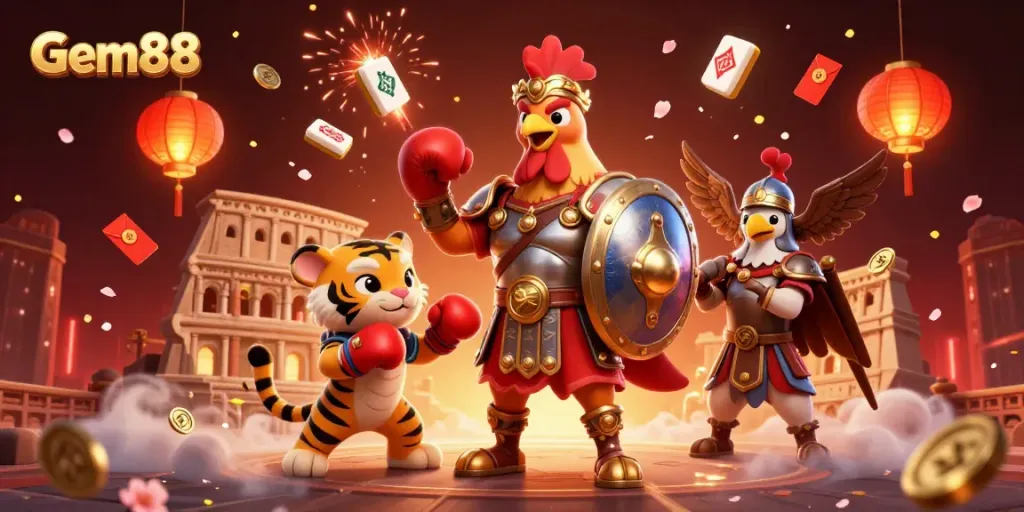 Experience thrilling gameplay with Gem88, showcasing vibrant characters and festive elements in a lively casino setting.