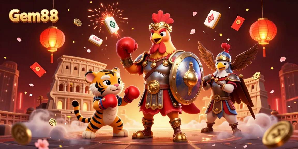 Experience thrilling gameplay with Gem88, showcasing vibrant characters and festive elements in a lively casino setting.