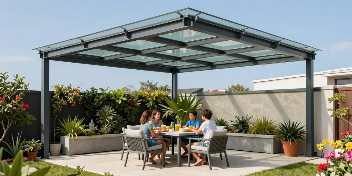 Moderne Terrassenüberdachungen in einem einladenden Außenbereich mit einer Familie, Blumen und Sonnenschein.