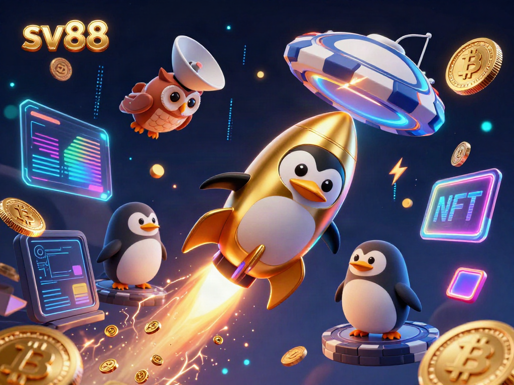 Experience the excitement of sv88 with a golden penguin and vibrant casino motifs in space.
