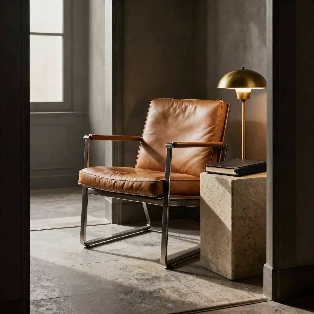 Leerer Ledersessel mit Portfolio und Messinglampe in ruhiger Executive-Ecke.