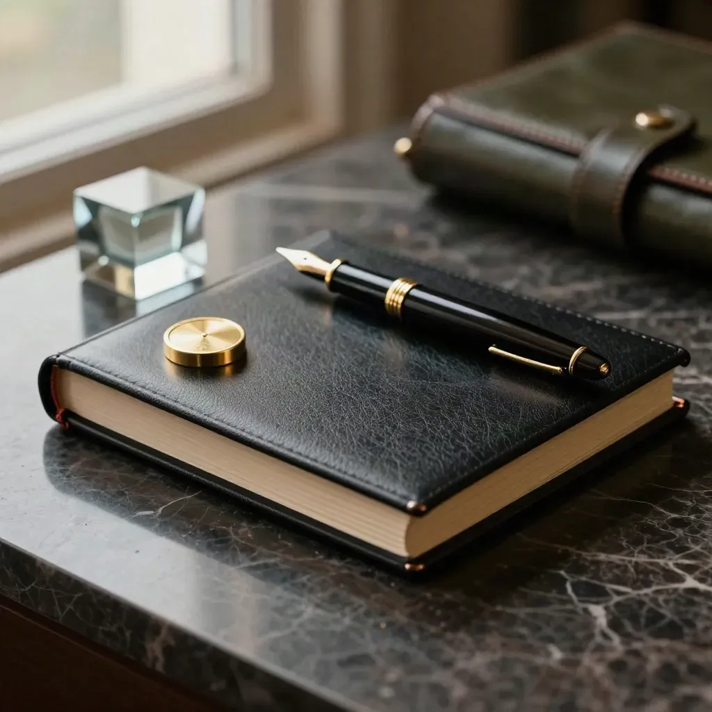 Ebony-Ledger mit Messingsiegel auf dunklem Marmor im Executive-Mentoring-Stil.