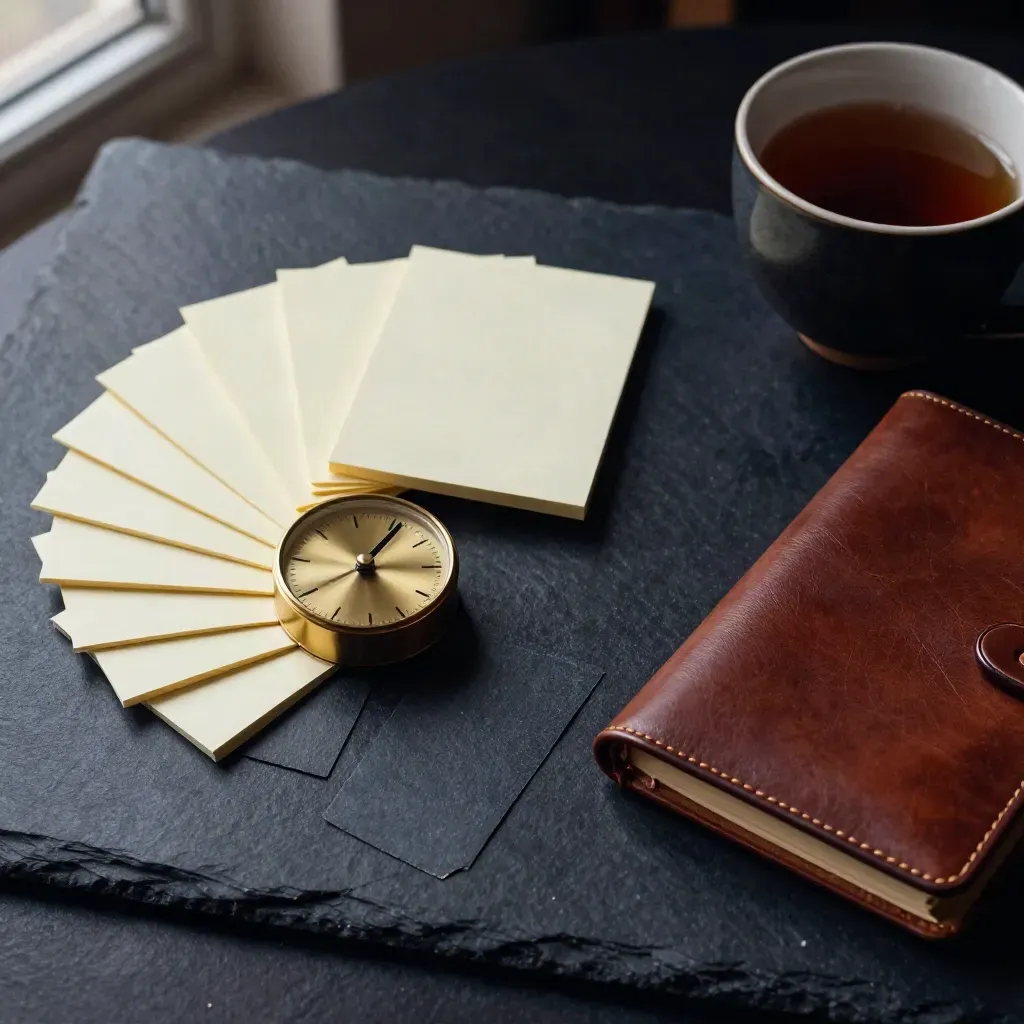 Brassetimer, Karten, Ledernotizbuch und Teetasse auf schwarzem Schiefer im Coaching-Setup