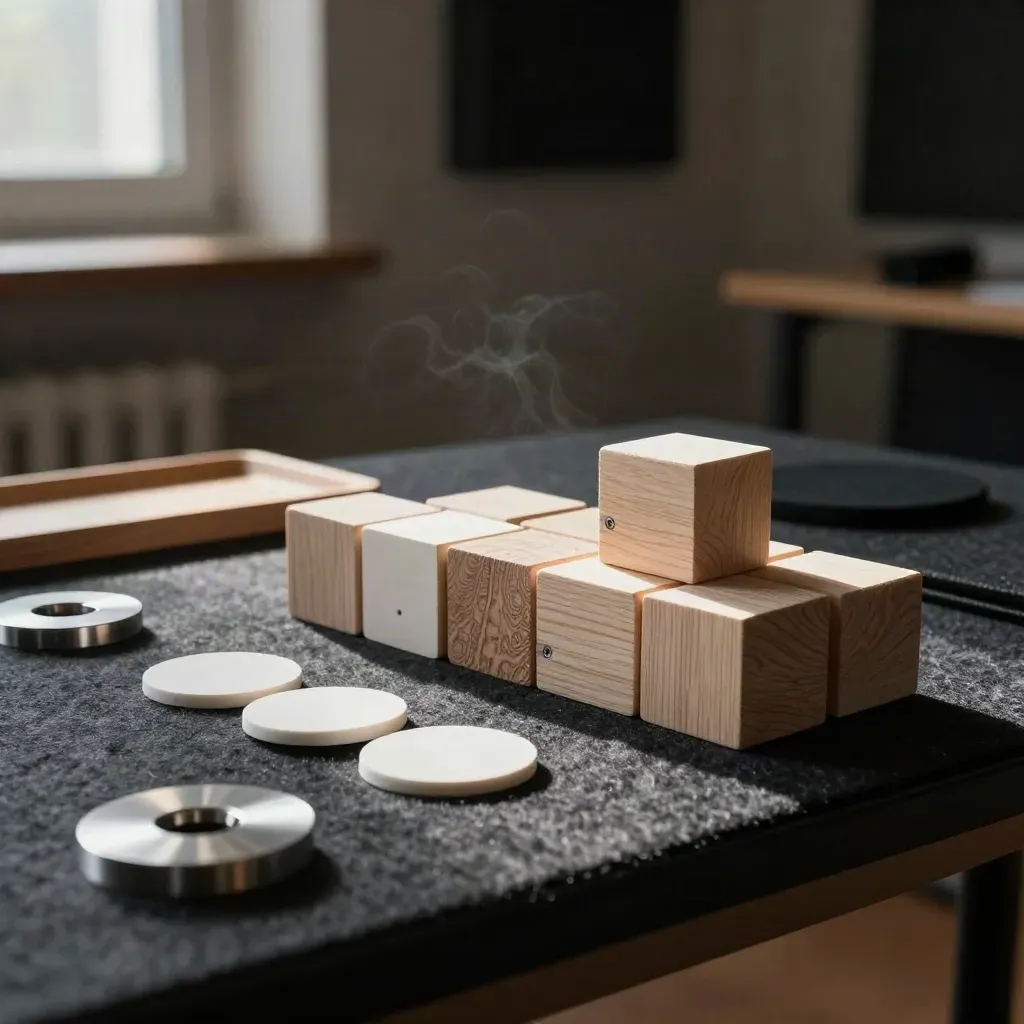 Workshop-Blöcke, Kreistoken und Timing-Scheibe auf dunklem Filz im dramatischen Licht.