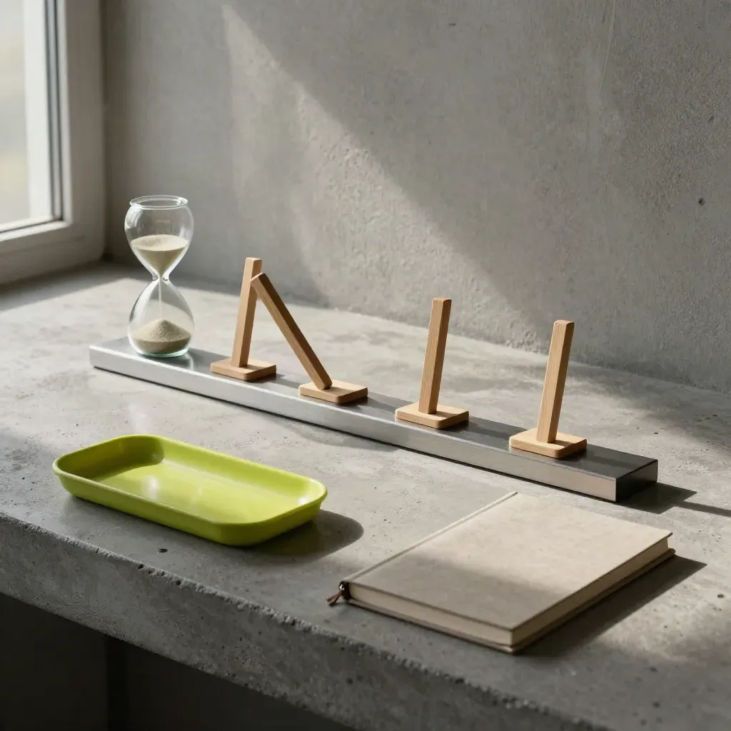 Fortschrittsleiste mit Holzmarkern, Sanduhr und Steinnotizbuch auf Beton