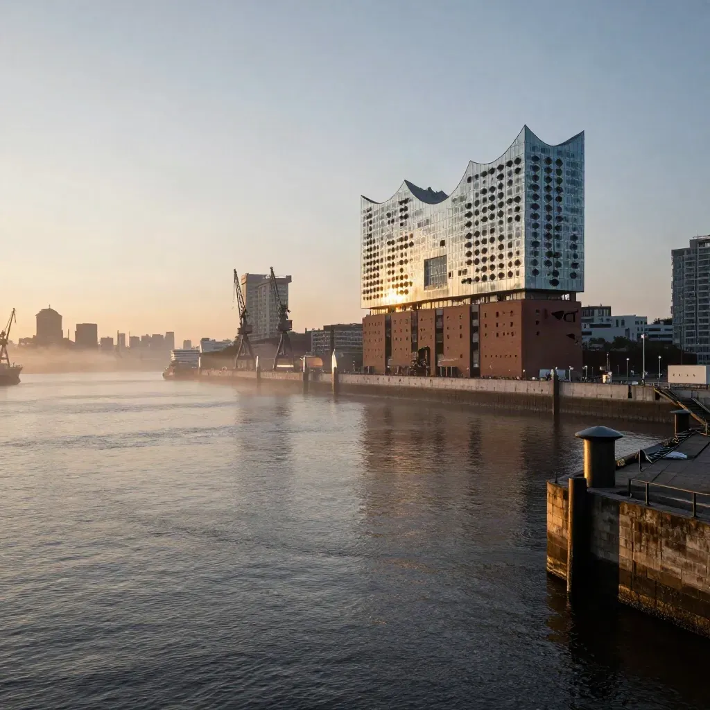 Hamburger Hafen mit Elbphilharmonie im goldenen Dunst, ruhiges Wasser darunter