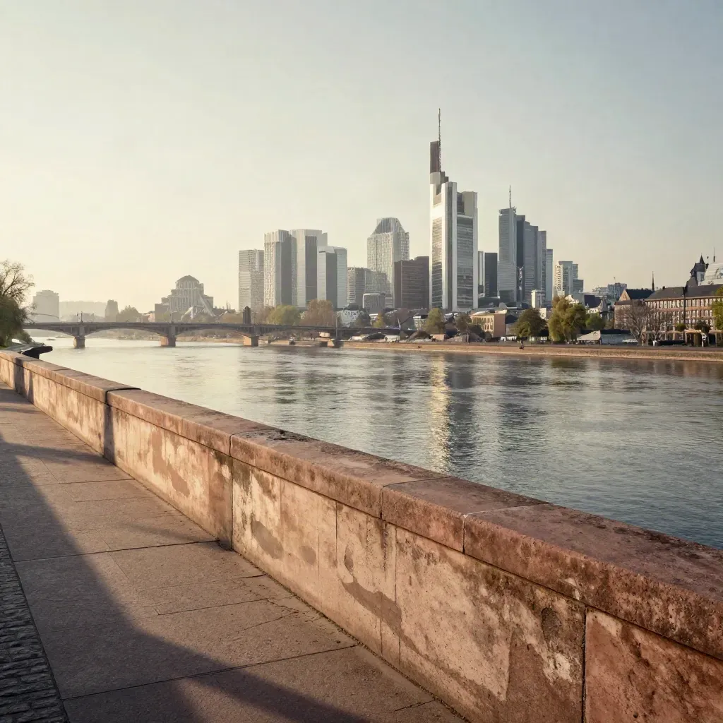 Frankfurter Skyline über dem Main im Morgenhaze, mit Brücken und ruhigem Stein-Vordergrund