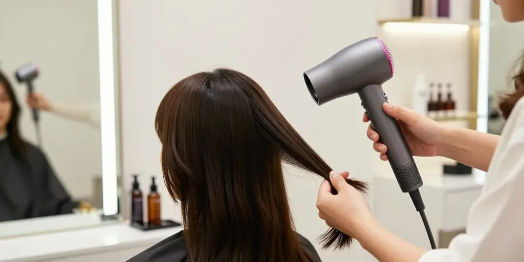 Haartrockner Test: Hochleistungs-Haartrockner in einem modernen Friseursalon.