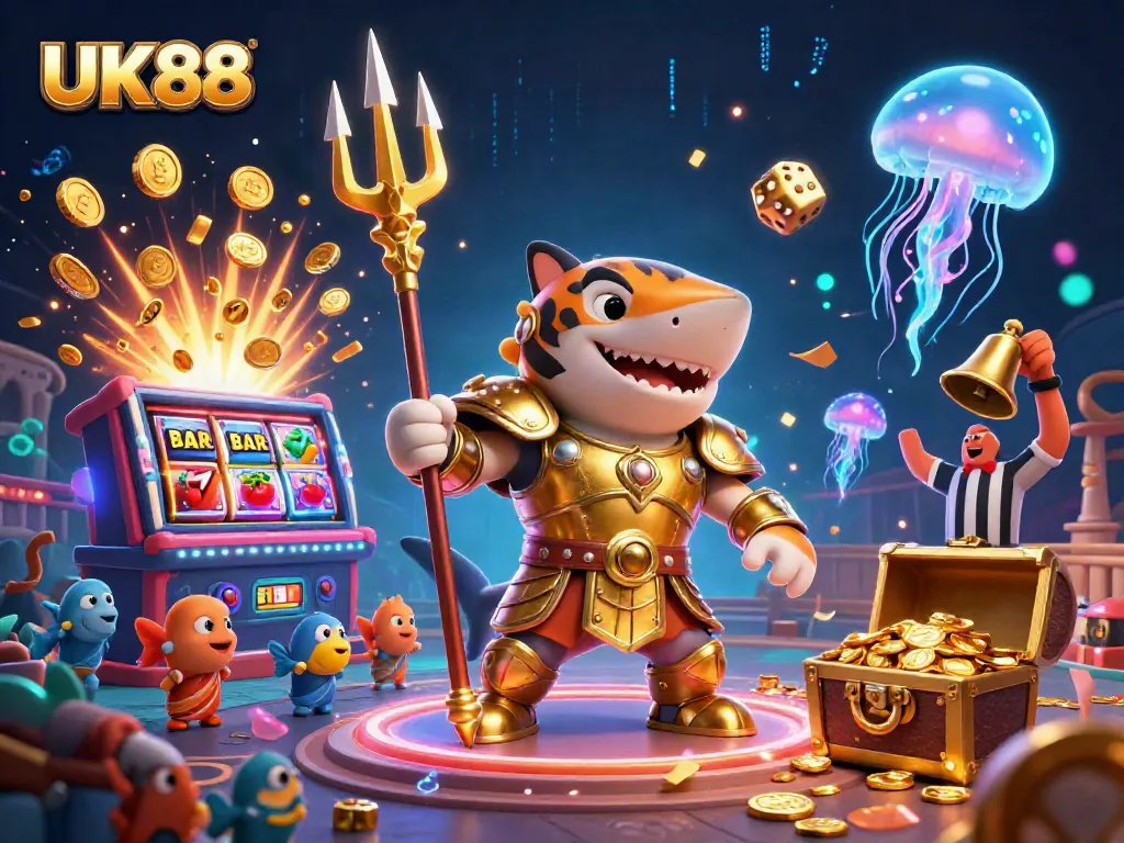 Experience the excitement of UK88 with a dynamic underwater casino scene featuring a gladiator shark and lively slot elements.