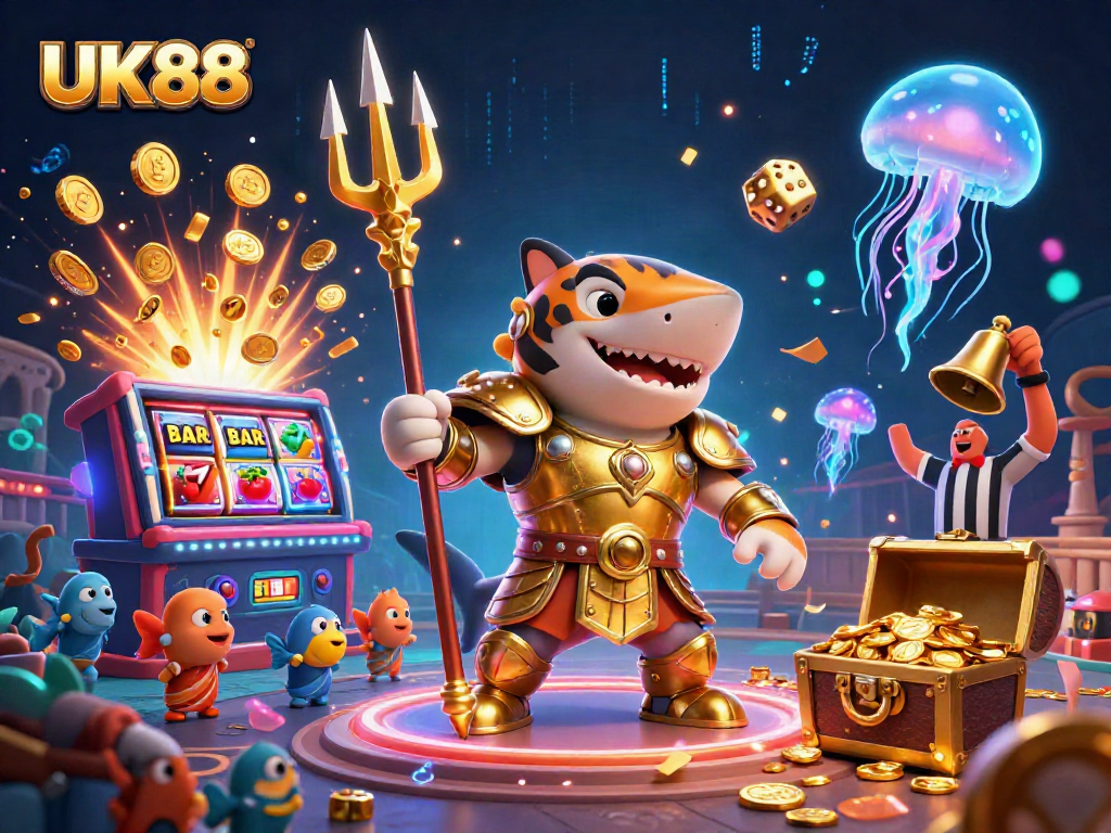Experience the excitement of UK88 with a dynamic underwater casino scene featuring a gladiator shark and lively slot elements.