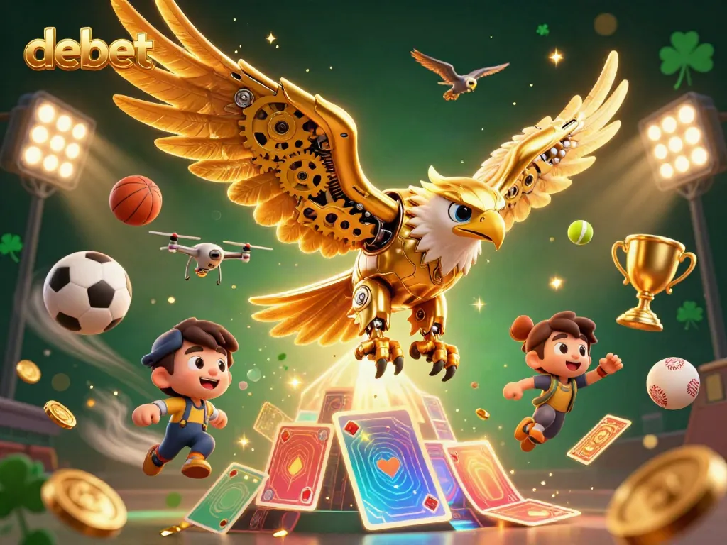 Engage in thrilling bets at debet with a dynamic scene of cybernetic eagle and sports elements.