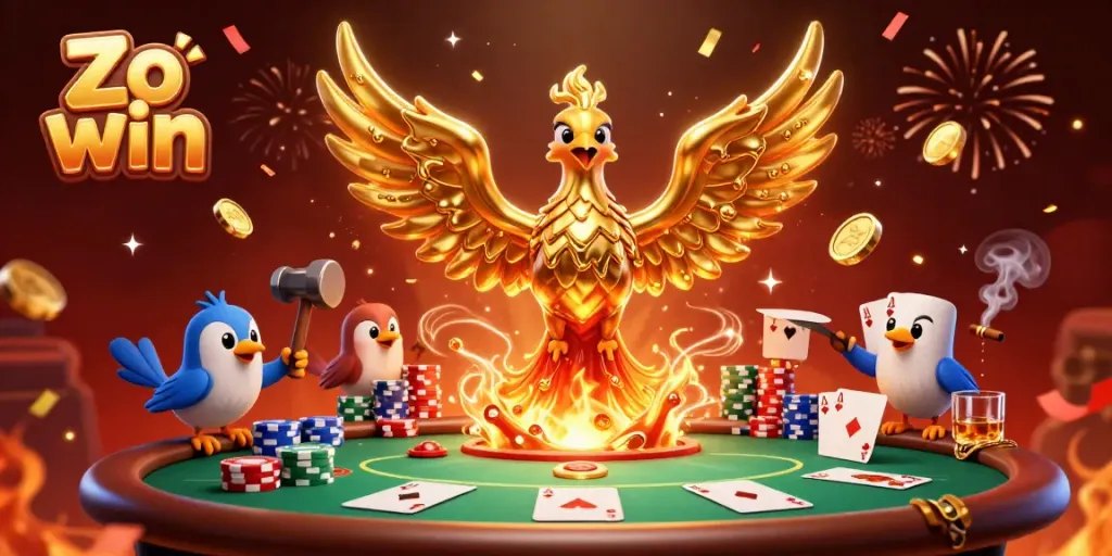 Engage in gaming excitement at Zo win with our molten phoenix illustration showcasing dynamic poker elements.
