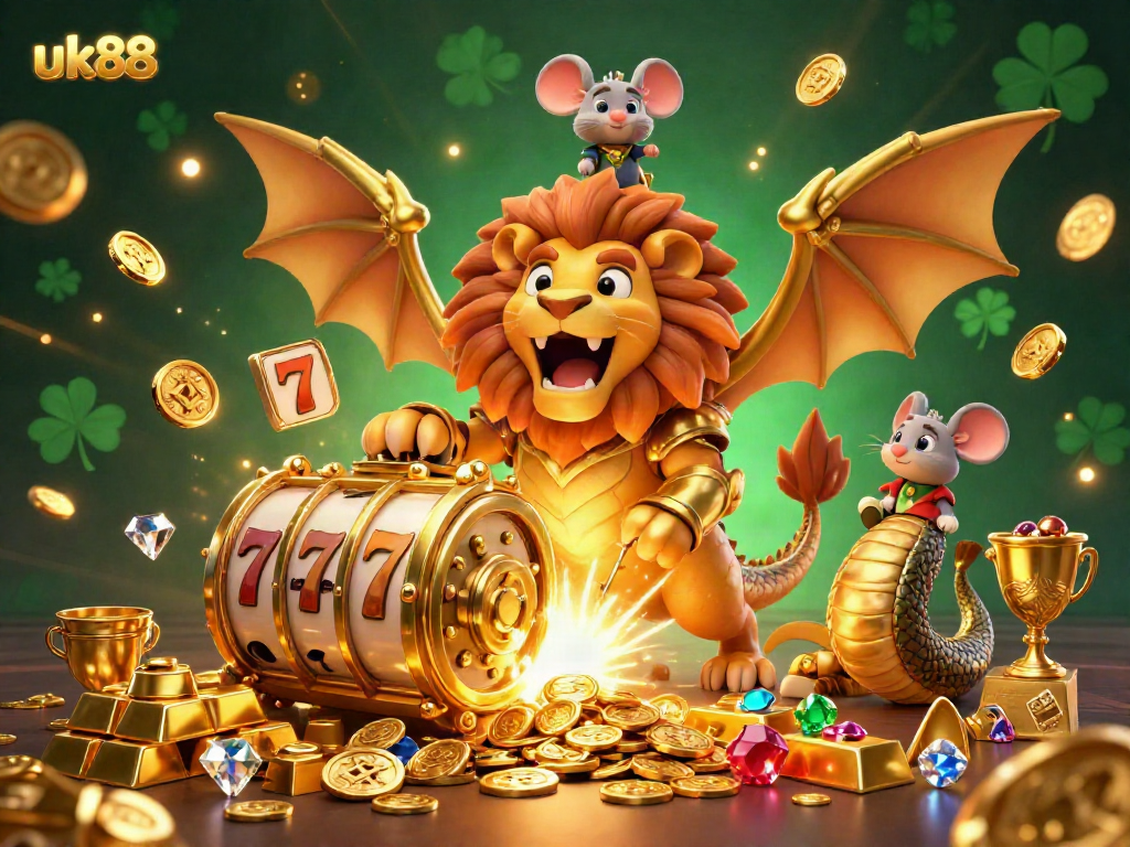 Experience the thrilling adventures of uk88 with a roaring chimera and a treasure-filled scene.