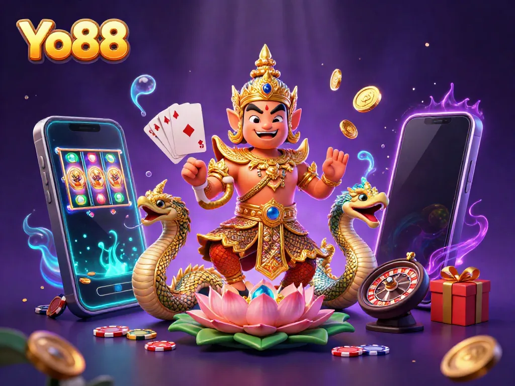 Experience the magic of Yo88 with a vibrant 3D casino scene showcasing exciting games!