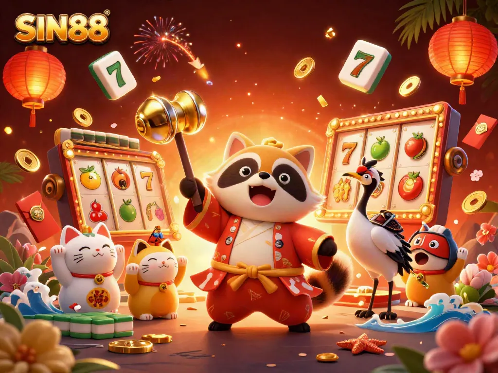 Experience the excitement of SIN88 with a vibrant illustration celebrating slots and casino fun.