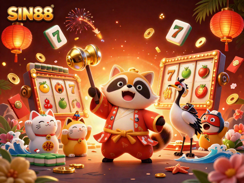 Experience the excitement of SIN88 with a vibrant illustration celebrating slots and casino fun.