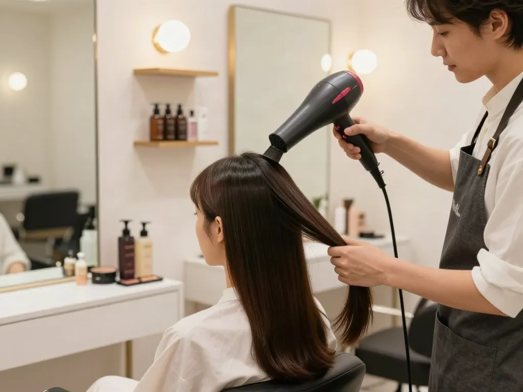 Professionelle Frisörin nutzt einen ionen haartrockner für glänzendes Haar in einem eleganten Salon.