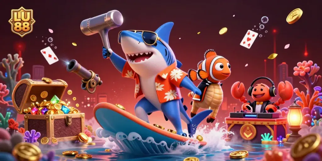 Experience LU 88's thrilling casino adventure with vibrant characters surfing golden coins and dynamic gaming elements.