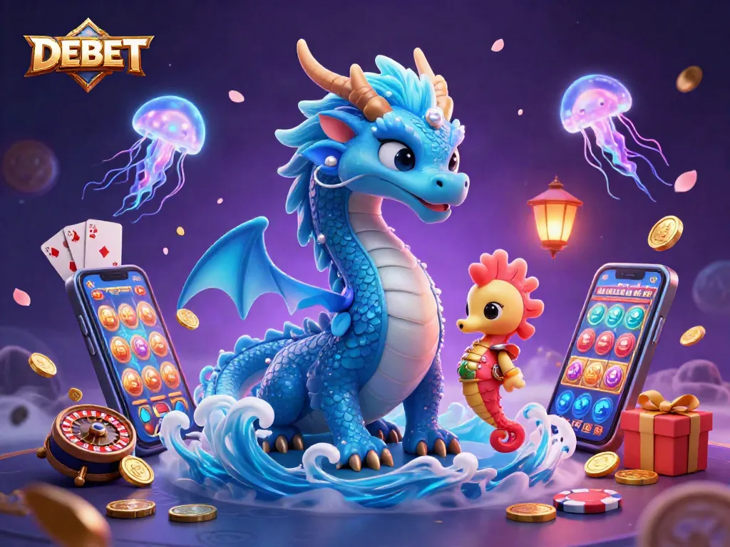 Engage with DEBET's vibrant undersea casino world featuring a water dragon, seahorse knight, and glowing jellyfish.