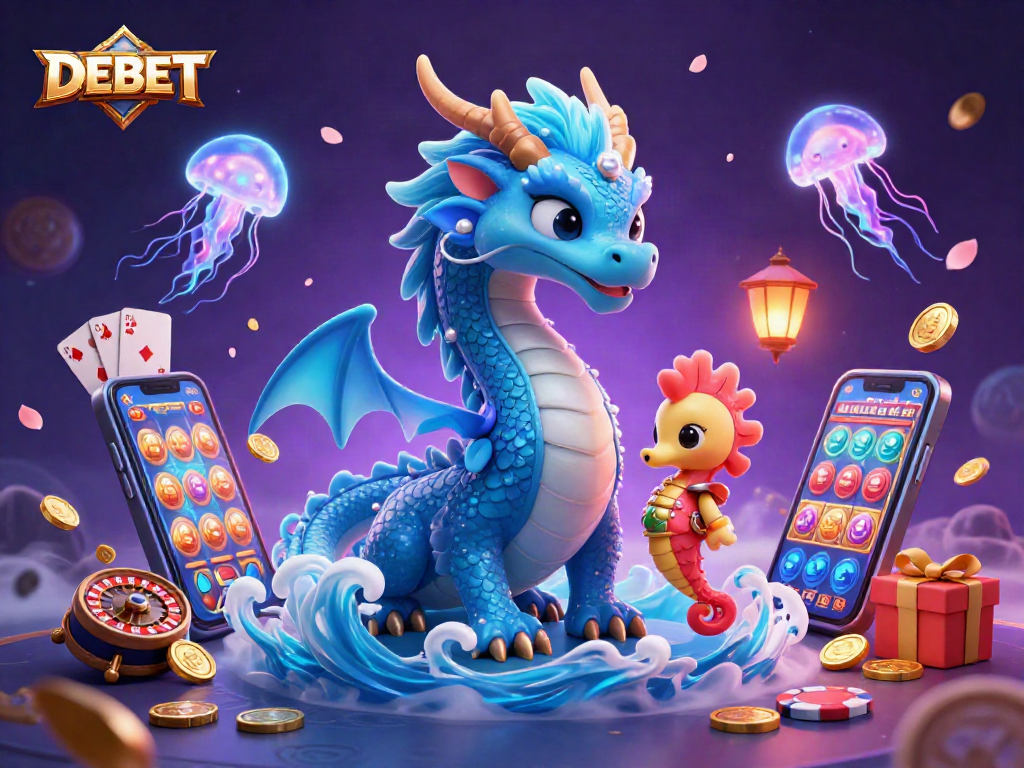 Engage with DEBET's vibrant undersea casino world featuring a water dragon, seahorse knight, and glowing jellyfish.