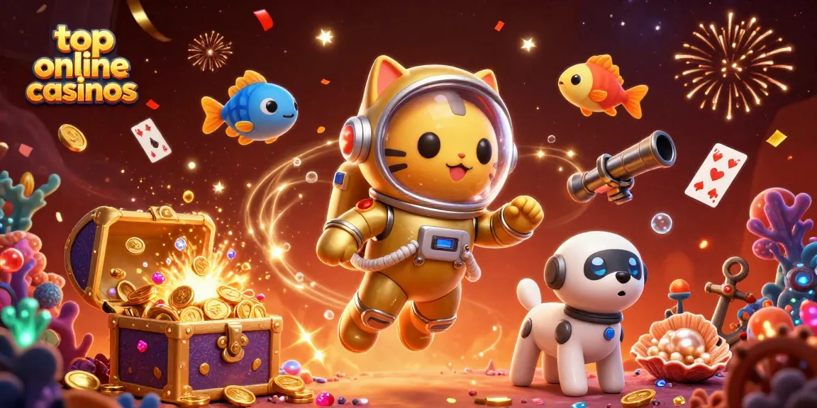 Engage with top online casinos through a vibrant, colorful space-themed illustration featuring a golden cat and playful companions.