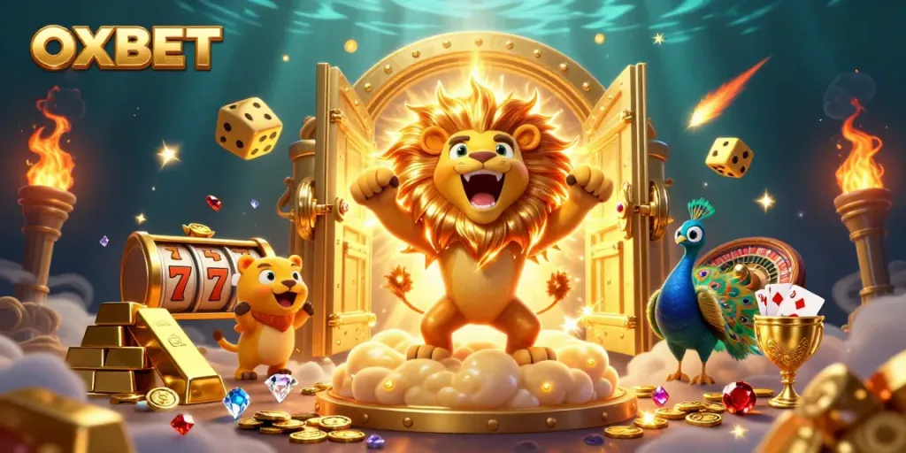 Experience thrilling gameplay with OXBET, featuring dynamic dice and golden elements in a vibrant casino atmosphere.
